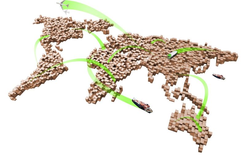 World map built from cargo boxes, with air, sea and road routes drawn across it